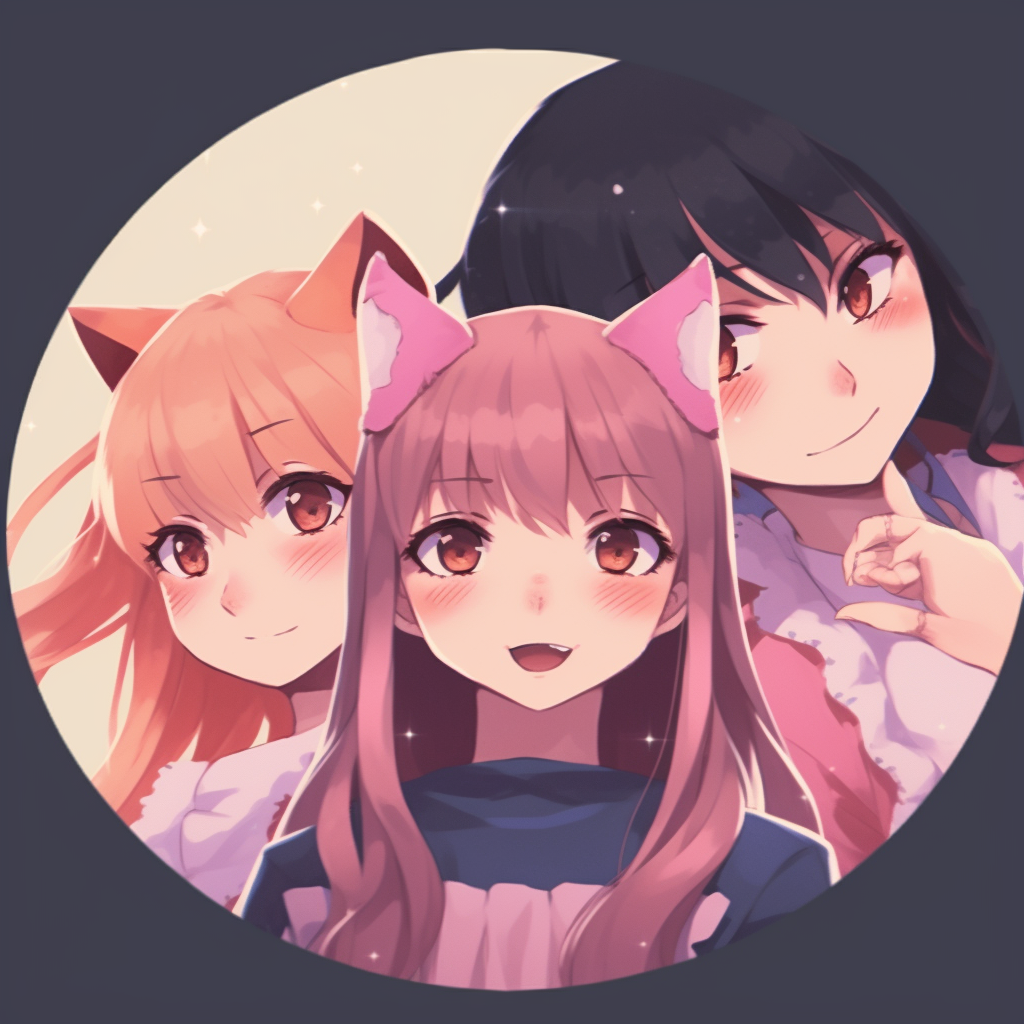Anime friends in pastel shades, light color palette and detailed costumes. anime 3 matching pfp cute edition