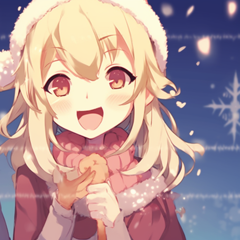 Two characters in winter outfits, smiling, pastel theme and snowflakes in the background. whimsical matching gif christmas pfp pfp for discord.