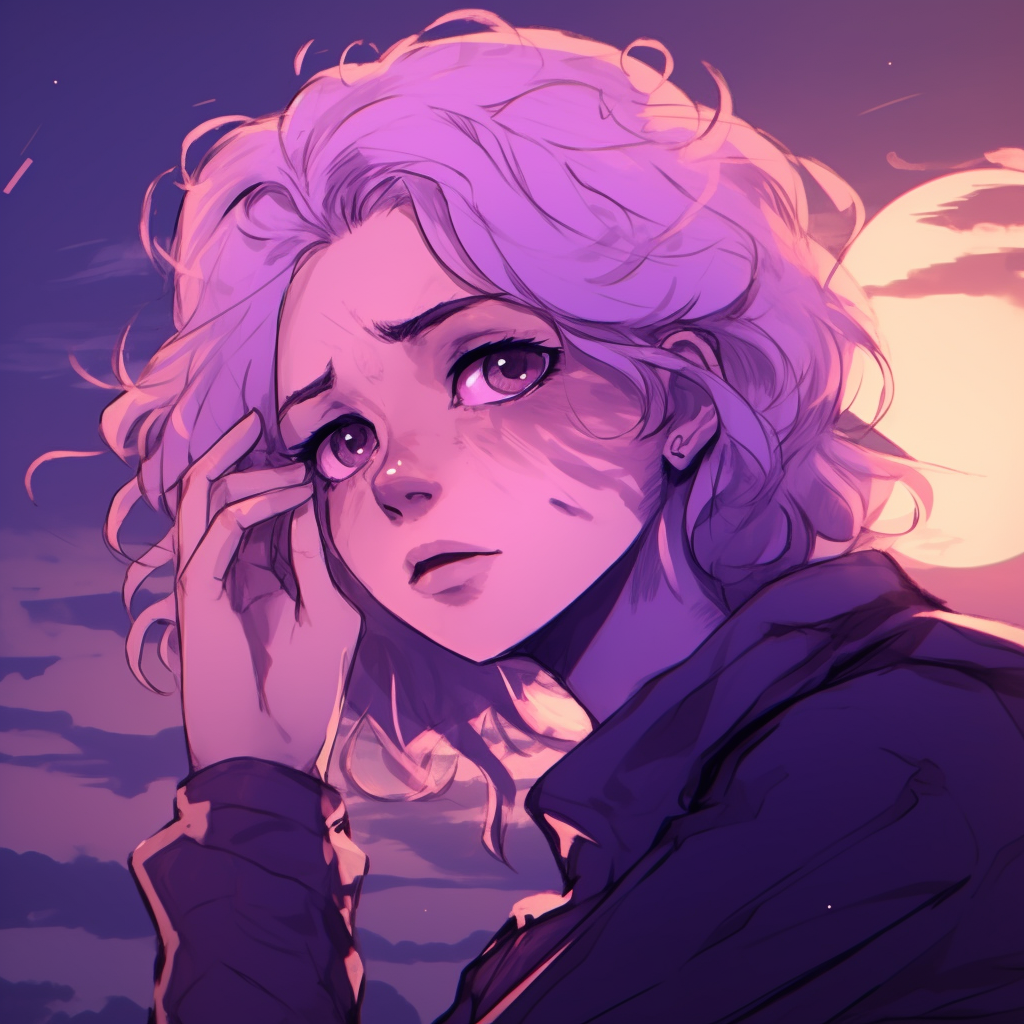 Female character glancing off into the distance, layered lavender hues and evening ambiance. anime purple pfp beauties pfp for discord.