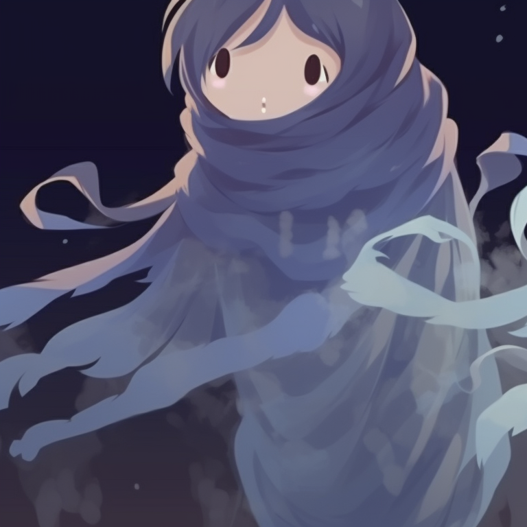 Two ghost characters, one slightly fading into the background, other dominant and sharp. matching pfp not cringe halloween theme ghost pfp for discord.