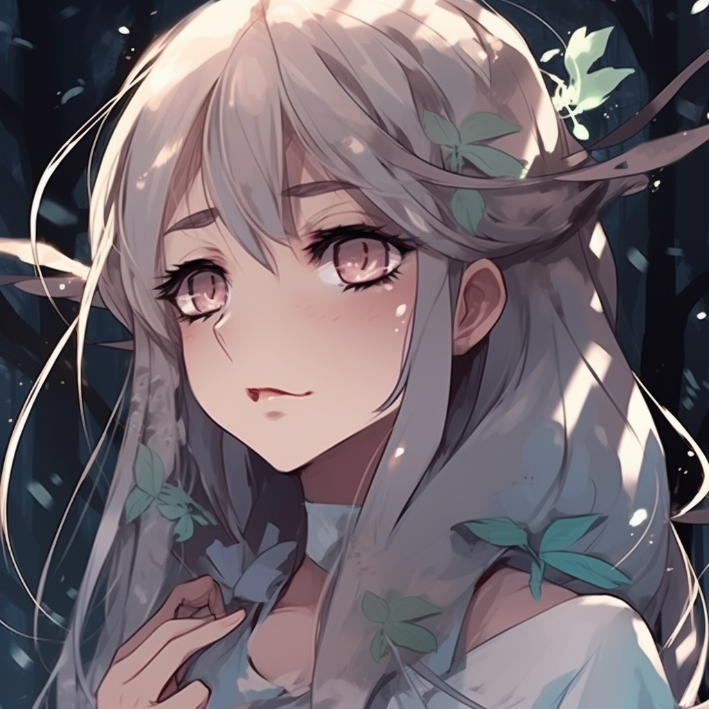 Elf character enveloped in twilight, cool blue tones contrasting with luminous green accents. 512x512 anime pfp fantasy