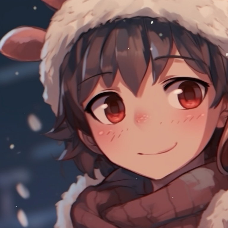 Two characters in winter outfits under a snowy backdrop, pastel colors and soft shading. matching cool christmas pfp ideas pfp for discord.