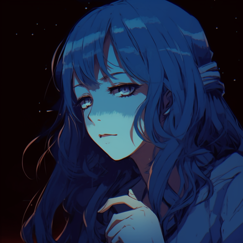 A tranquil anime portrait illuminated by moonlight, with an emphasis on quiet, dark blue tones. dark blue anime pfp