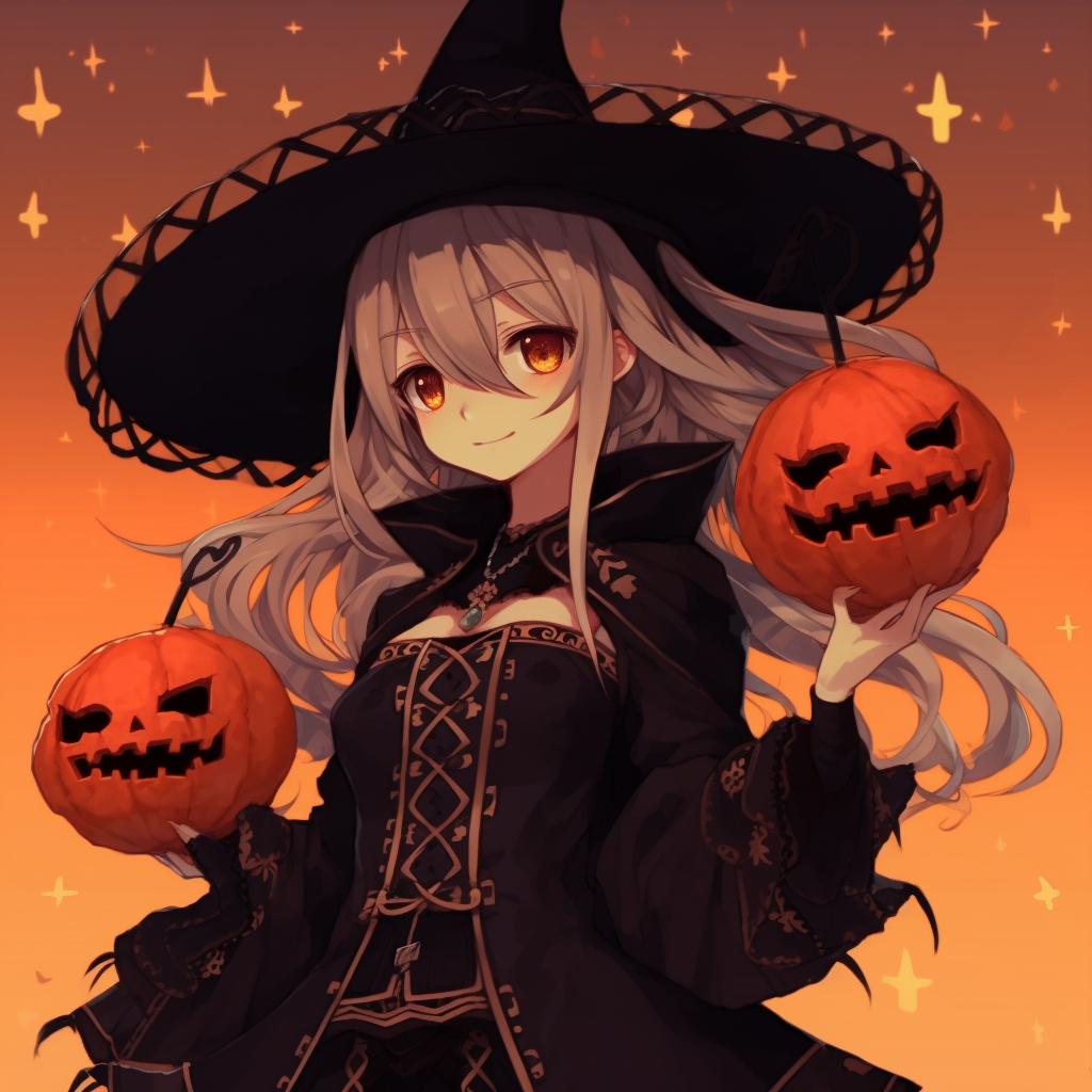 Cat-eared anime girl, Halloween-themed outfit with vibrant colors. halloween anime pfp aesthetics