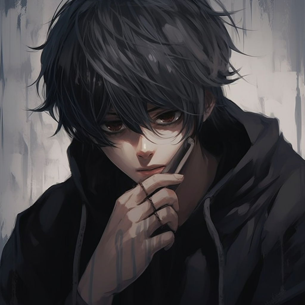 Detailed positioning of the character hiding in shadows, moody colors. anime male pfp ideas pfp for discord.