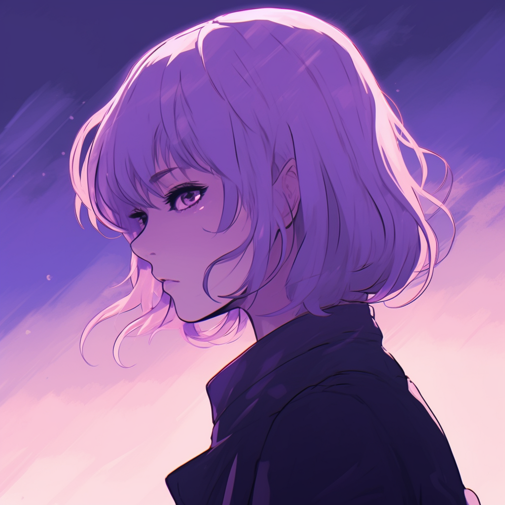 Portrayal of an anime character with twinkling purple eyes under the stars, detailed accents and deep shades. aesthetic purple anime pfp pfp for discord.