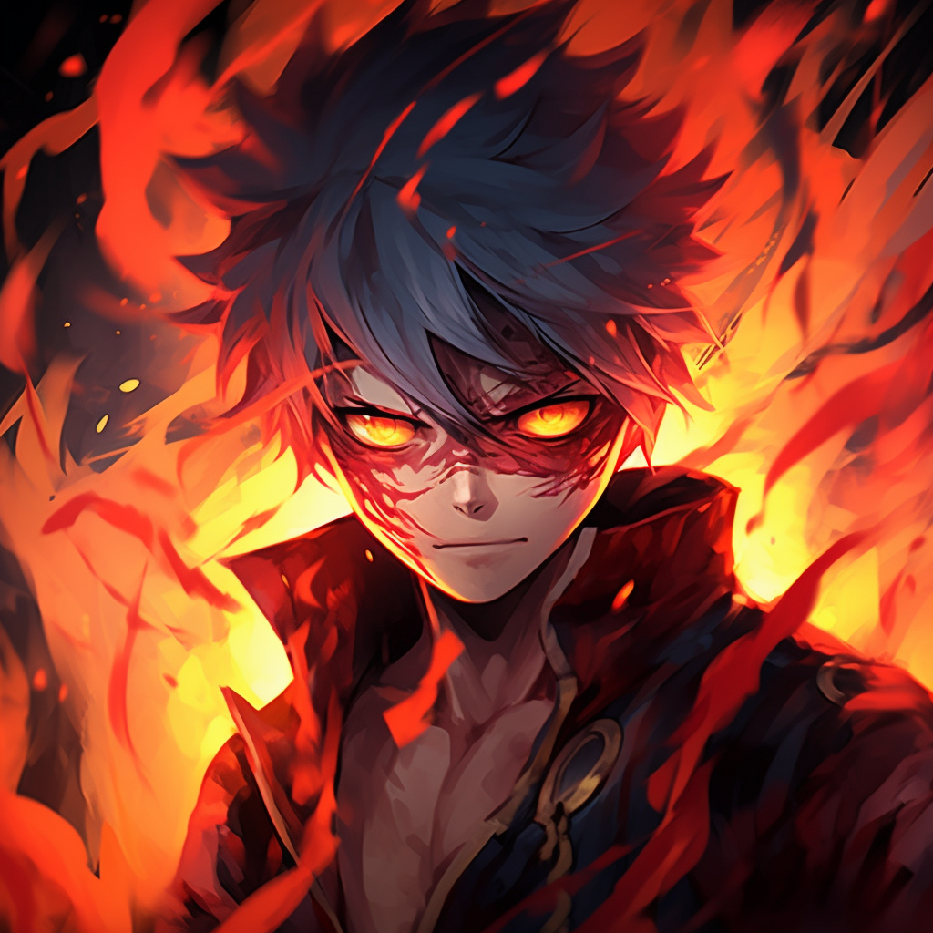 Close-up of an anime character's face with glowing eyes and flame details, focusing on the radiance and expressions. creative fire anime pfp