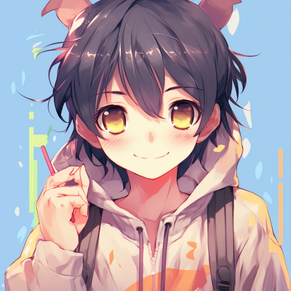 Anime boy artwork featuring a bright yet serene smile, using soft lines and muted colors. adorable anime pfp illustrations