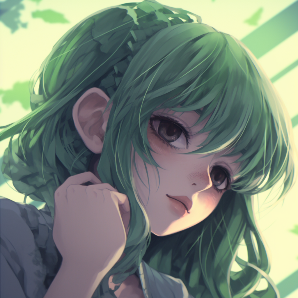 Close-up of a green-haired anime girl, featuring detailed eyes and fine graduated shading. verdant green anime pfp girl