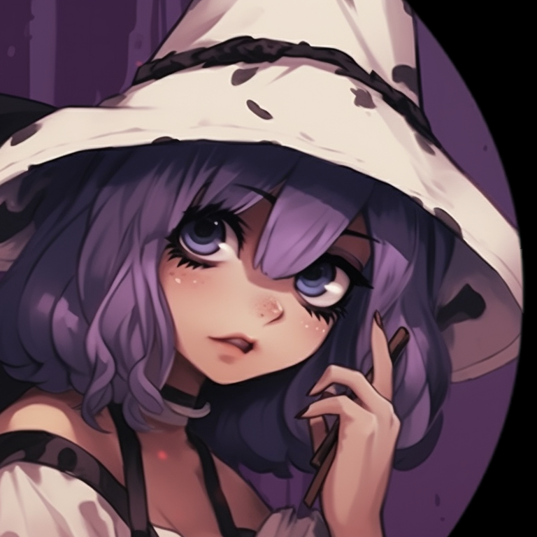 Two characters dressed as witches, rich shades of purple and intricate costume details. cool halloween themed matching pfp girl pfp for discord.