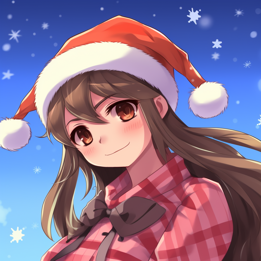 Anime couple in Christmas Day celebration, detailed costumes with Santa hats and warm expressions. couple based anime christmas pfp