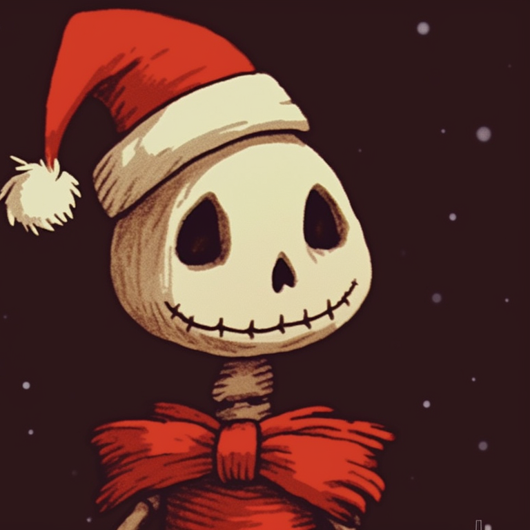 Skeleton characters engaged in conversation, details of Christmas decorations in the background. cute skeleton matching christmas pfp pfp for discord.