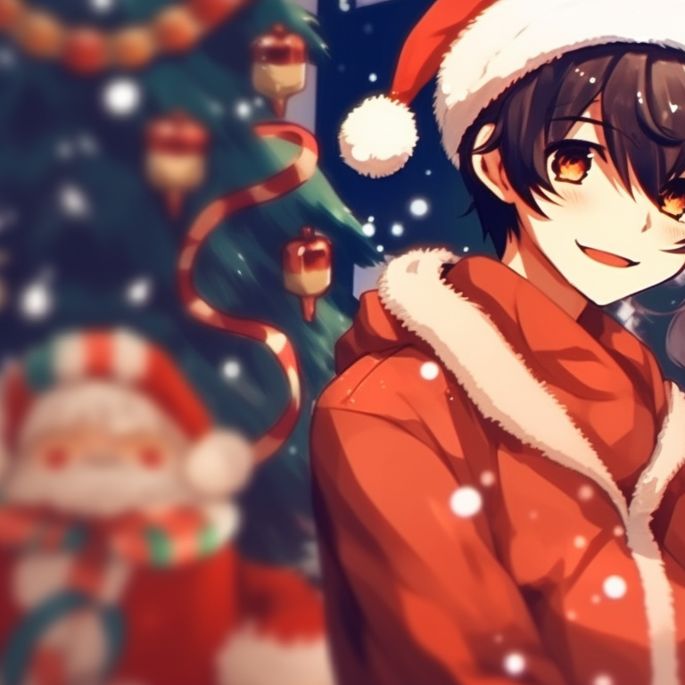 Two characters, standing close under a mistletoe, with glowing eyes. trending preppy christmas pfp matches pfp for discord.