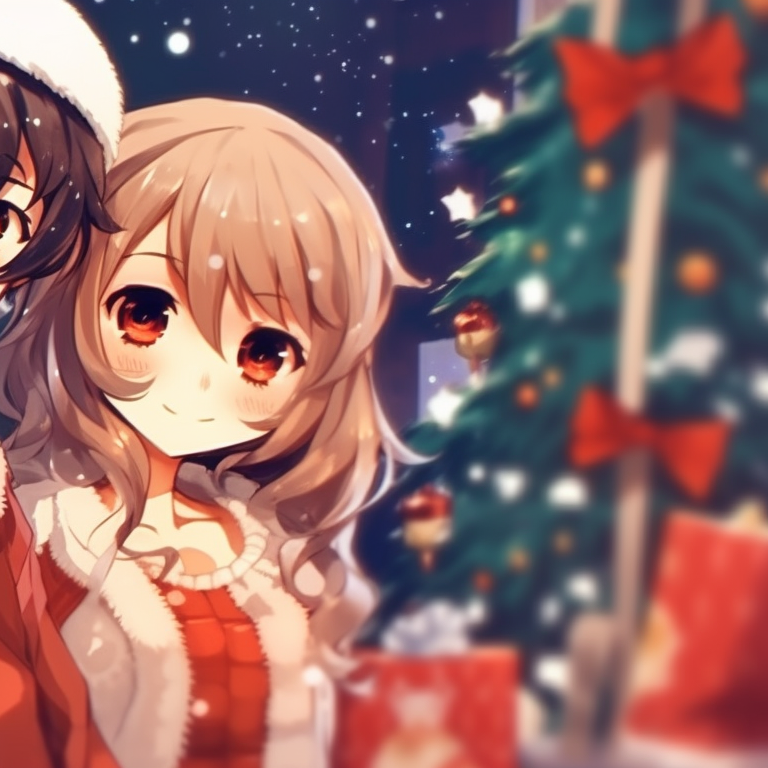 Two characters, standing close under a mistletoe, with glowing eyes. trending preppy christmas pfp matches pfp for discord.