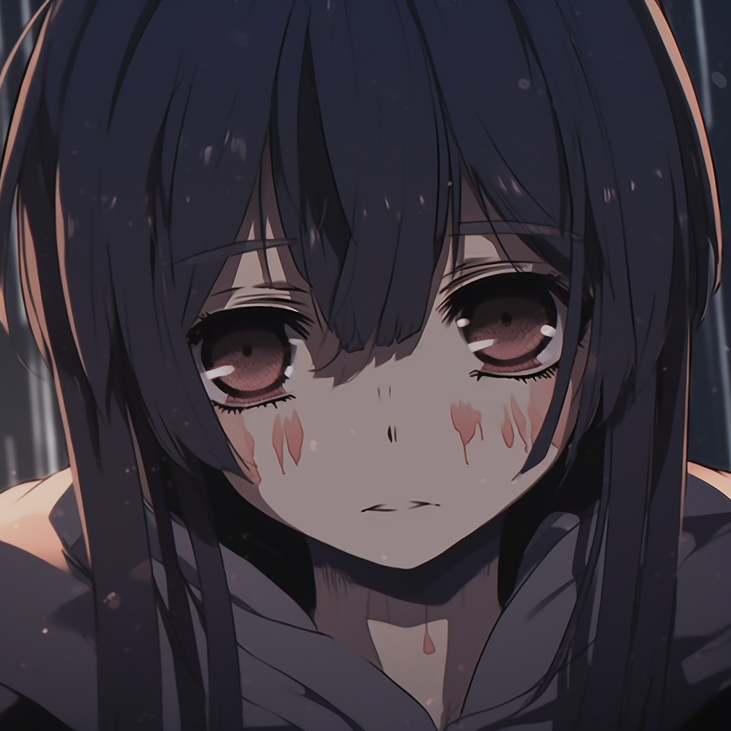 Anime figure standing in the rain, detailed water droplets on hair, gray and blue color scheme. depicted sadness in anime pfp