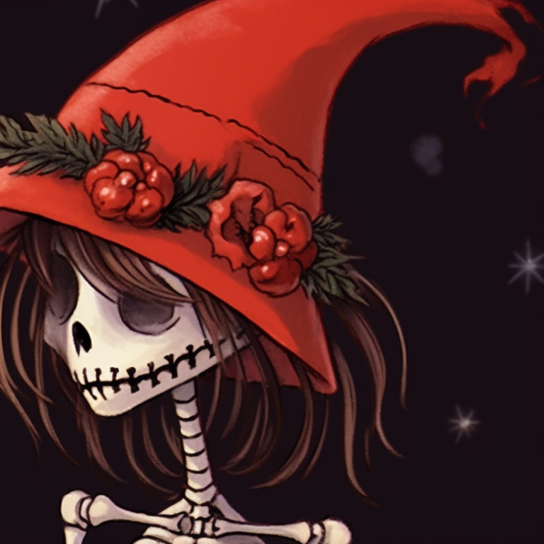 Two characters in skeletal form, adorned in their Christmas hats, soft colors and a playful tone. skeleton themed matching christmas pfp pfp for discord.