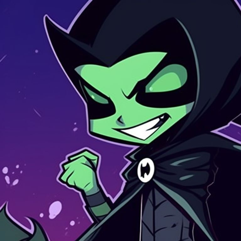 Beastboy and Raven under a bat-filled sky, using a contrast of shadows and moonlight, lending mystery to the scene. cartoon pfp beastboy and raven halloween pattern pfp for discord.