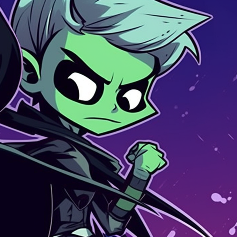 Beastboy and Raven under a bat-filled sky, using a contrast of shadows and moonlight, lending mystery to the scene. cartoon pfp beastboy and raven halloween pattern pfp for discord.