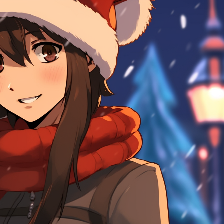 Two characters, dressed as Santa's helpers, with a festive background filled with twinkling lights and colorful presents. christmas anime matching pfp pfp for discord.