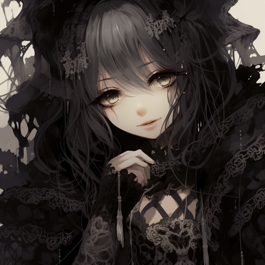Anime girl in aristocratic vampire Gothic dress, with a touch of elegance and dark beauty. top-rated goth anime girl pfp pfp for discord.