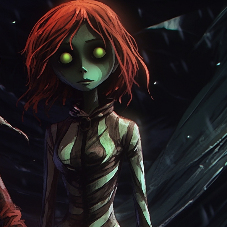 Two characters, dark colors with splashes of festive red and green, emanating an eerie glow. matching scary christmas pfp horror film art pfp for discord.