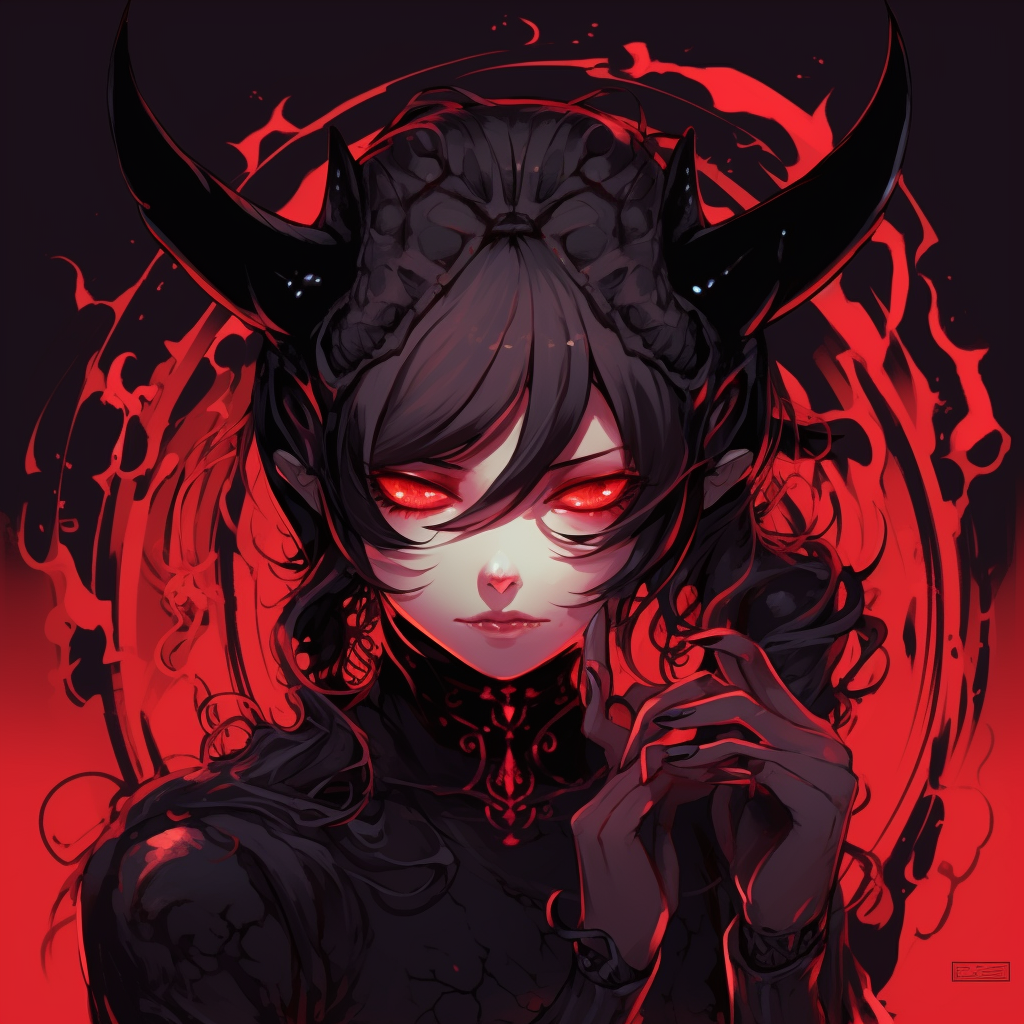 Anime girl with demon horns, smirking; pastel gothic color palette; soft shading. demonic anime pfp for girls pfp for discord.
