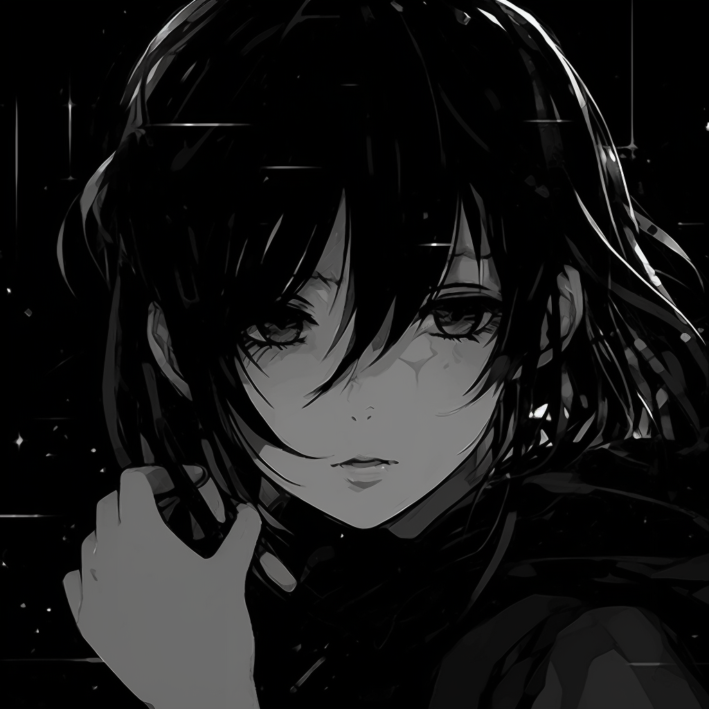 An anime figure shrouded in shadows, mysterious with dark tones. dark themed aesthetic anime pfp