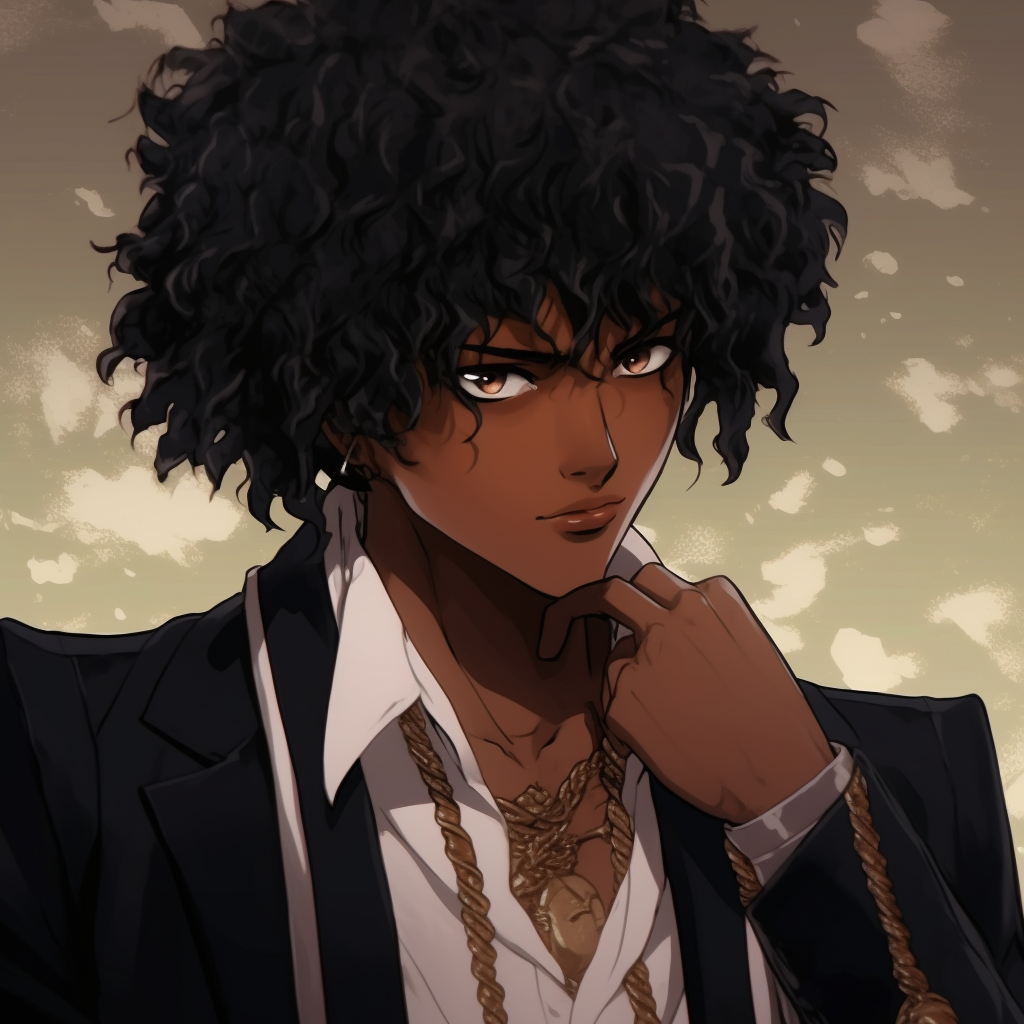 Detailed expression of a black anime character deep in thought, with emphasis on the eyes. alluring black anime boy characters pfp