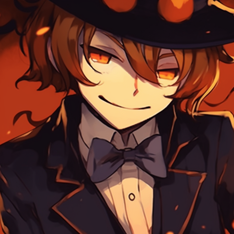 Dazai and Chuuya, under a glowing jack-o'-lantern, their eyes reflecting the flickering fire. dazai and chuuya anime art halloween pfp for discord.