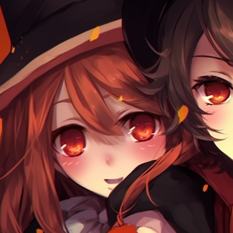 Anime duo in all-out Halloween costumes, rich autumn colors, featuring bats, cobwebs, and classic Halloween accessories. halloween themed matching couple anime pfp pfp for discord.