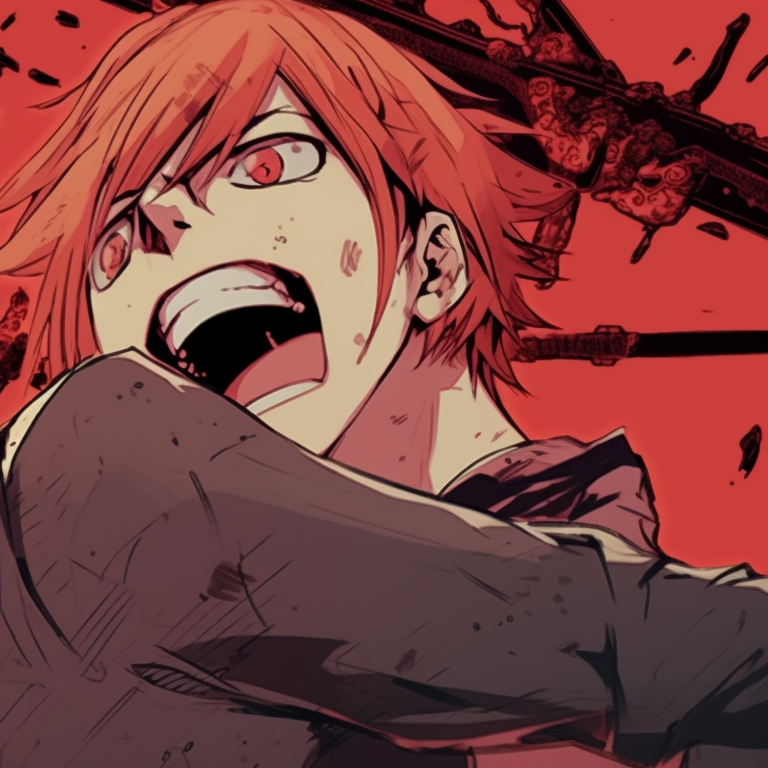 Two characters, one within the jaws of a monstrous form, dark colors and dramatic focus. chainsaw man themed matching pfp pfp for discord.
