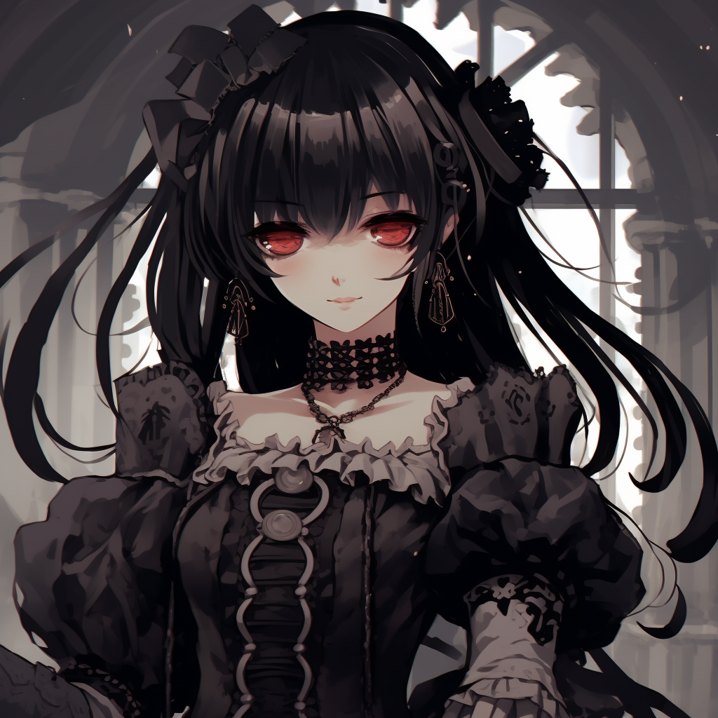 Anime girl illustrated in a Gothic Lolita fashion with intricate lace details and dark color tones. anime girl goth pfp