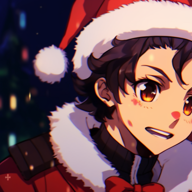 Two characters in Demon Slayer uniforms adorned with festive decorations, showcasing a vibrant palette of rich colors. demon slayer christmas wallpapers pfp pfp for discord.