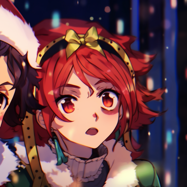 Two characters in Demon Slayer uniforms adorned with festive decorations, showcasing a vibrant palette of rich colors. demon slayer christmas wallpapers pfp pfp for discord.