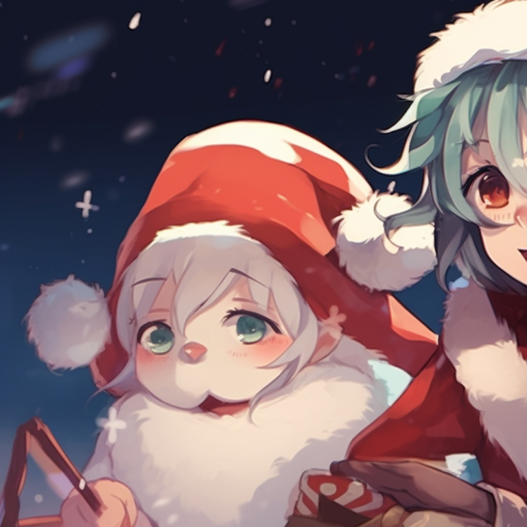 Two characters riding a sleigh, twinkling stars in the background and bright holiday outfits. creative matching christmas aesthetic pfp pfp for discord.
