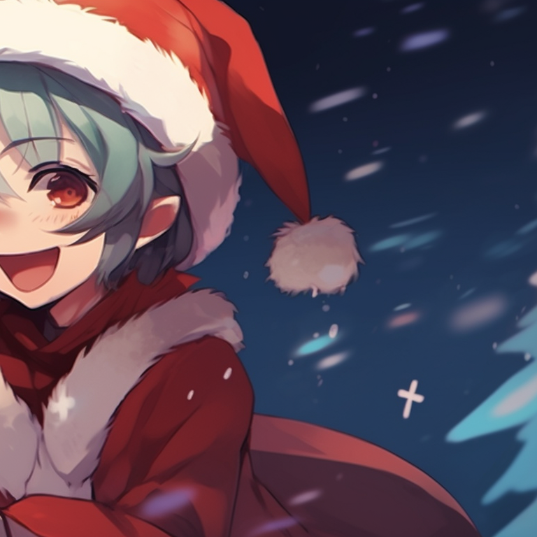 Two characters riding a sleigh, twinkling stars in the background and bright holiday outfits. creative matching christmas aesthetic pfp pfp for discord.