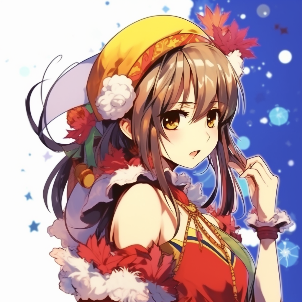 Profile view of anime girl with festive accessories, highlights include bold colors and detailed texture. anime girl characters