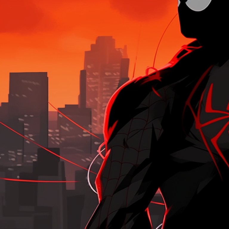 Spider-Man and Spider-Gwen leaning against a water tower, set against hues of sunset cityscape. creative ideas for spider man matching pfp pfp for discord.