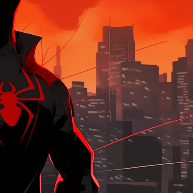 Spider-Man and Spider-Gwen leaning against a water tower, set against hues of sunset cityscape. creative ideas for spider man matching pfp pfp for discord.