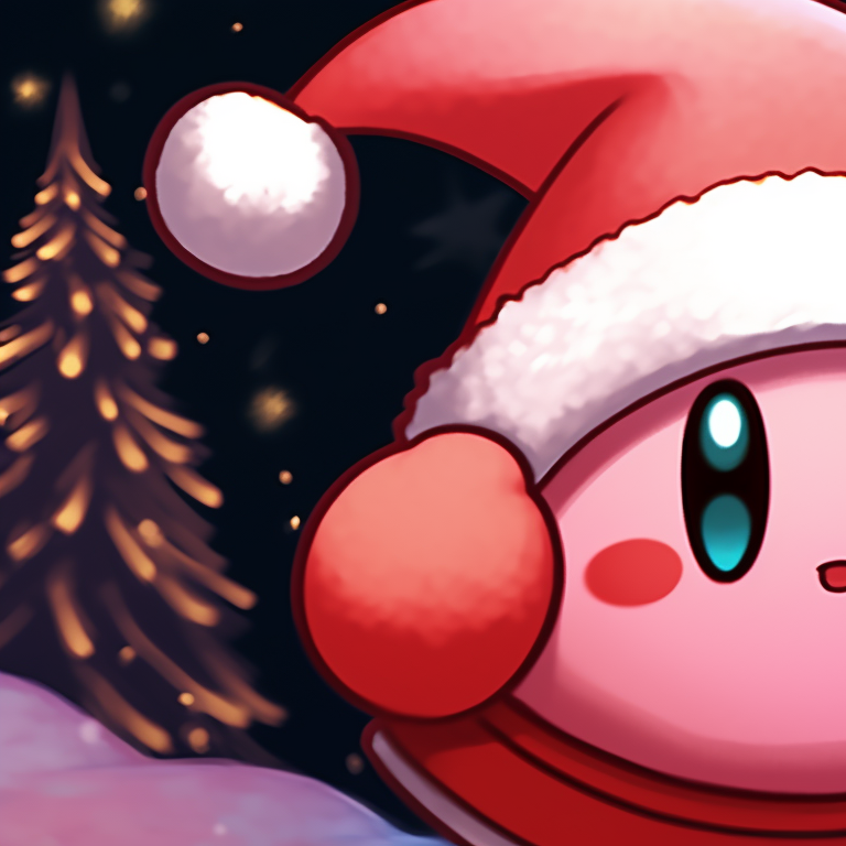 Close-up of two Kirby characters, festive elements, and vivid outlines. best matching kirby christmas pfp pfp for discord.