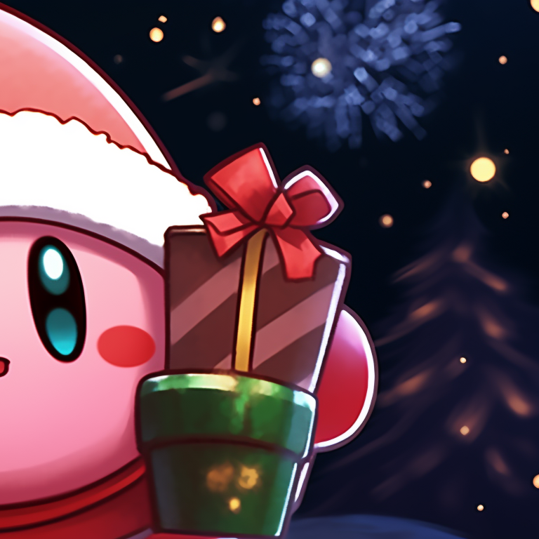 Close-up of two Kirby characters, festive elements, and vivid outlines. best matching kirby christmas pfp pfp for discord.