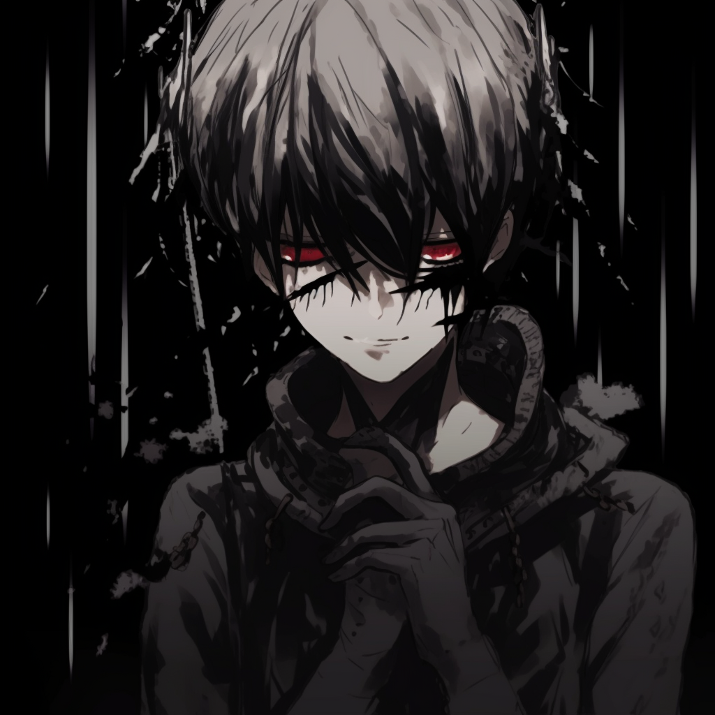 Monochrome shot of Kaneki featuring grunge art aesthetic, highlighting the worn and torn textures. unique anime grunge aesthetics