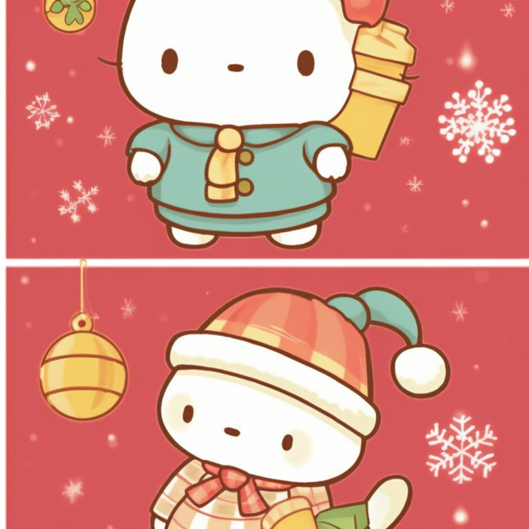 Pompompurin and Hello Kitty in cute Christmas outfits, adorned with fine details and warm tones. matching christmas sanrio pfp news pfp for discord.