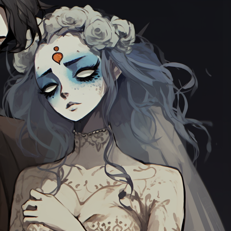Two characters, vintage Victorian clothing, with a somber color palette. unique corpse bride pfp pfp for discord.