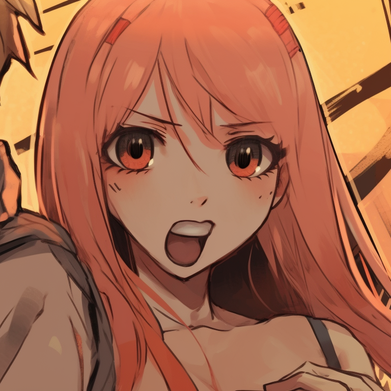 Two characters Makima and Power, sharp detailing and warm palette, confronting each other. chainsaw man pfp for duo pfp for discord.