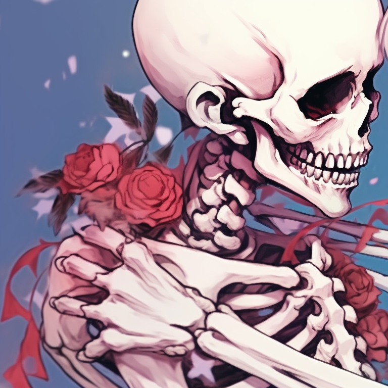 Two skeleton characters under the mistletoe, detailed artwork with a focus on bone structure. skeletons kissing under mistletoe - matching christmas pfp pfp for discord.