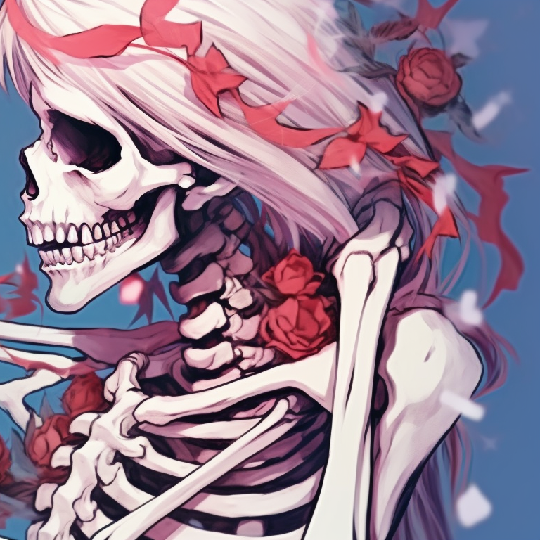 Two skeleton characters under the mistletoe, detailed artwork with a focus on bone structure. skeletons kissing under mistletoe - matching christmas pfp pfp for discord.