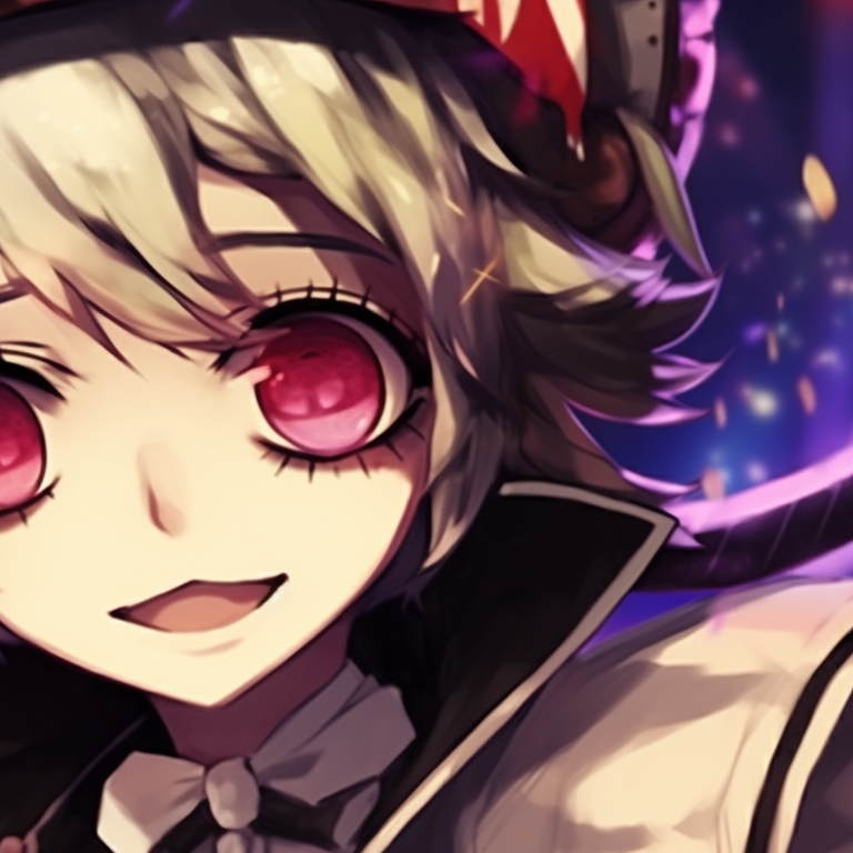 Two characters wearing masquerade masks, with intense expressions under the funfair lights. themed danganronpa matching pfp pfp for discord.