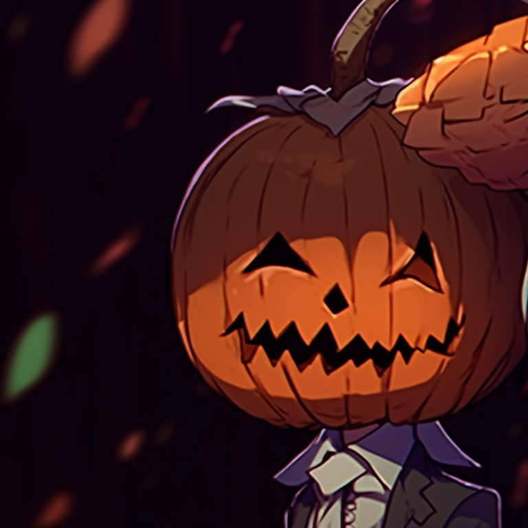 Two characters sitting amidst pumpkin patch, one in a scarecrow get-up and other as a pumpkin-head, highlighted by ambient lantern lighting. meme matching pfp with a spooky halloween theme pfp for discord.
