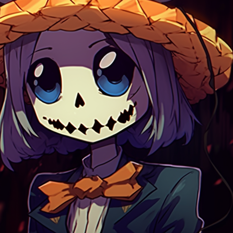 Two characters sitting amidst pumpkin patch, one in a scarecrow get-up and other as a pumpkin-head, highlighted by ambient lantern lighting. meme matching pfp with a spooky halloween theme pfp for discord.